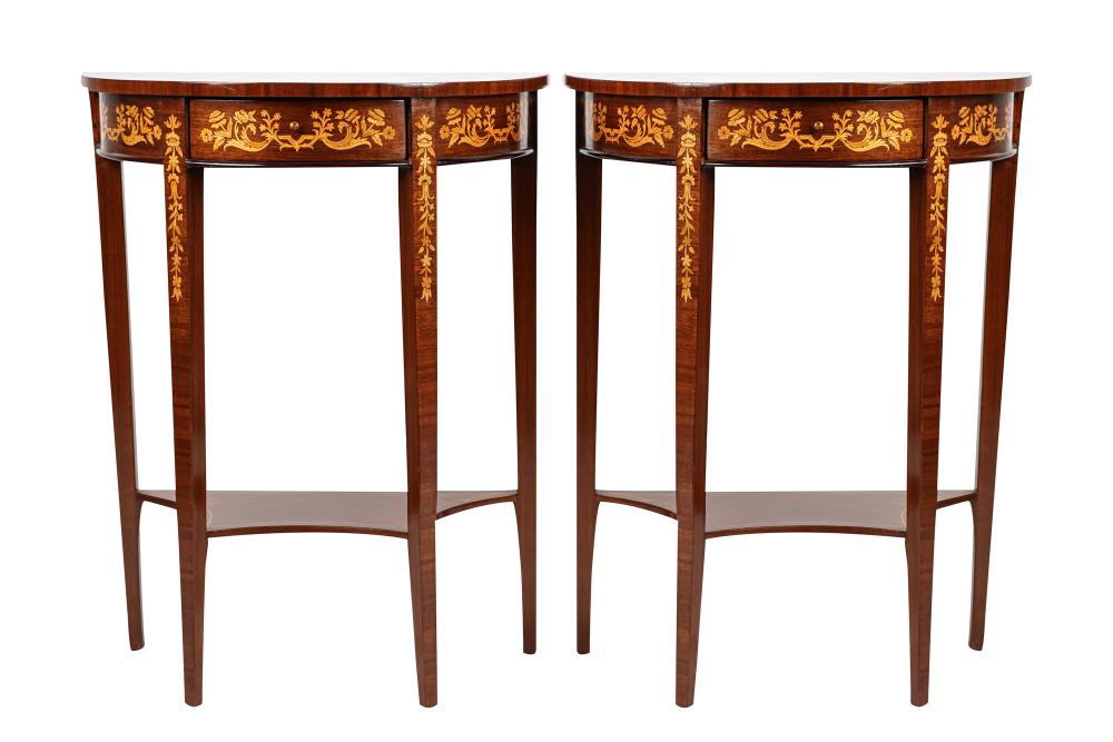 PAIR OF DUTCH MARQUETRY STYLE DEMILUNE