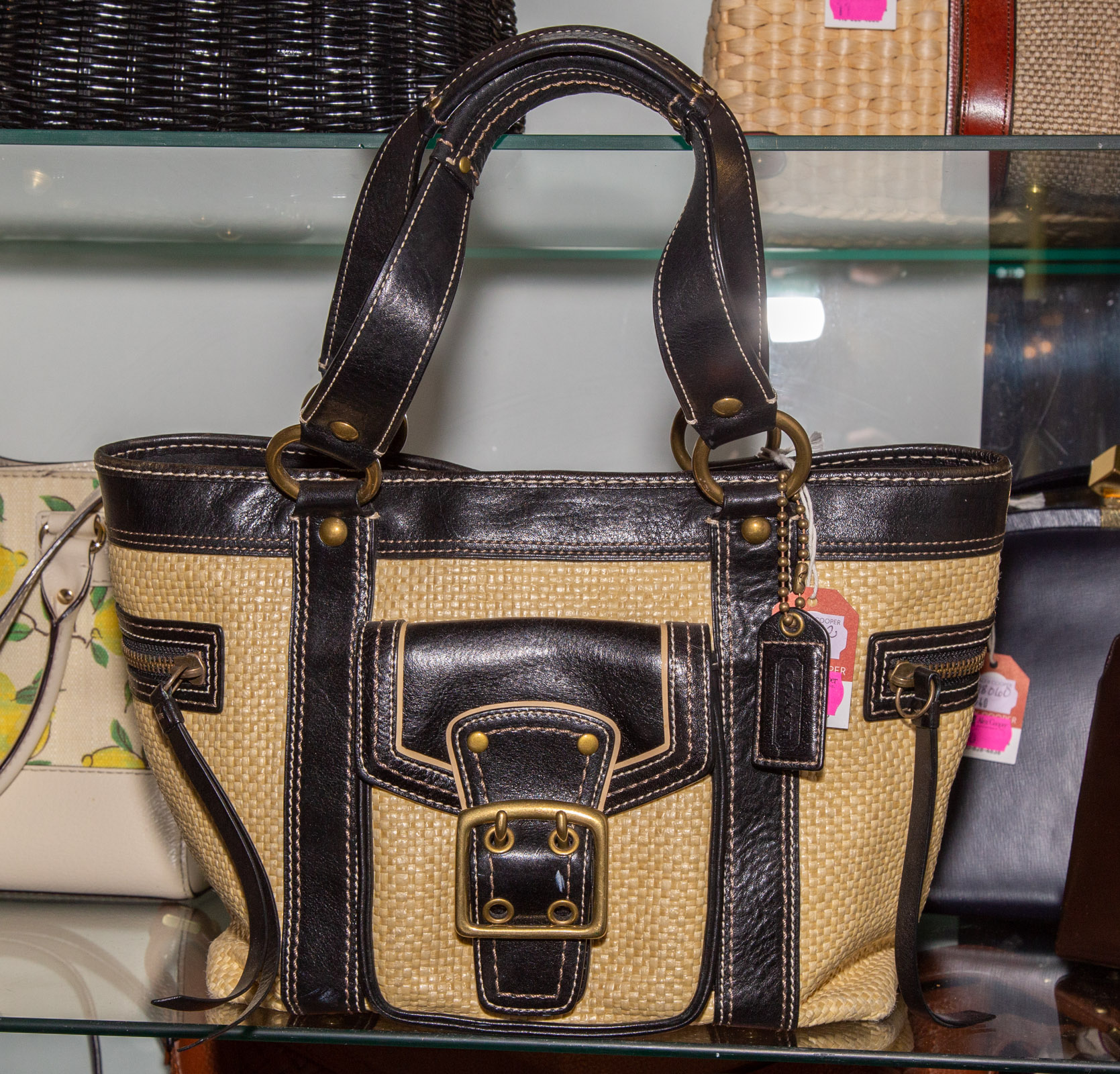 COACH BLACK LEATHER TRIMMED STRAW 337050