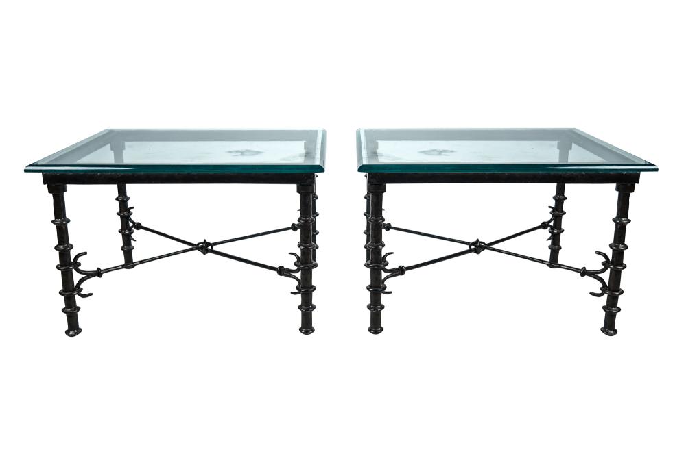 PAIR OF IRON & GLASS END TABLESeach