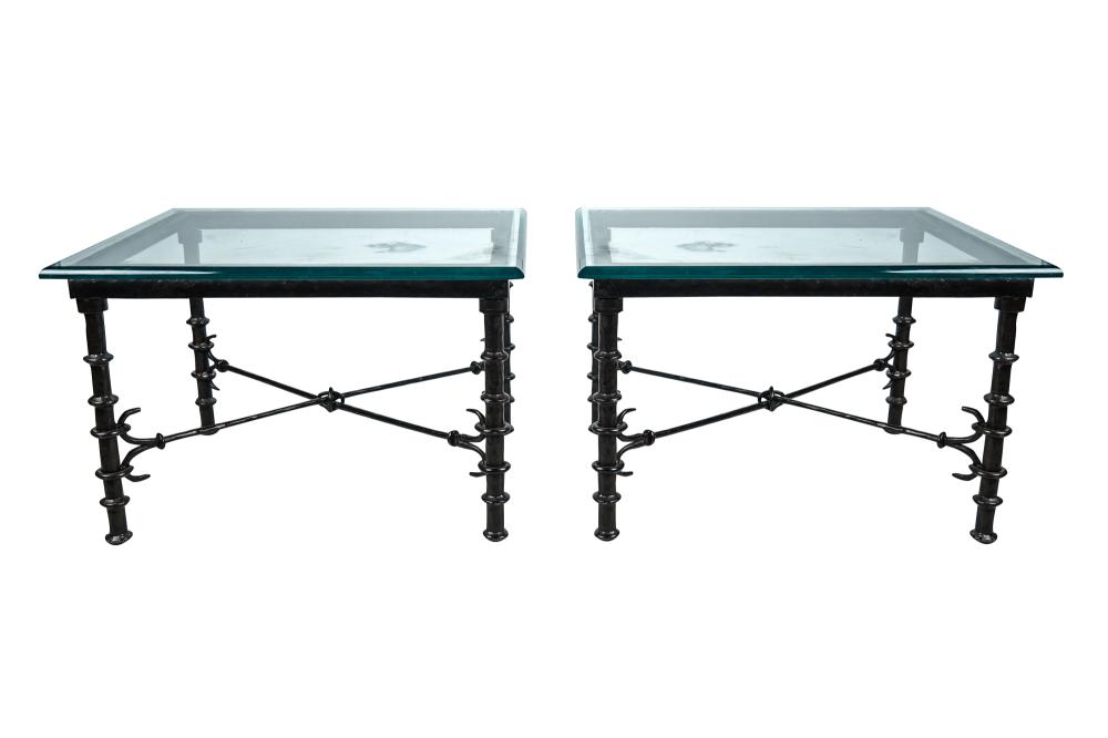 PAIR OF IRON GLASS END TABLESeach 33706b