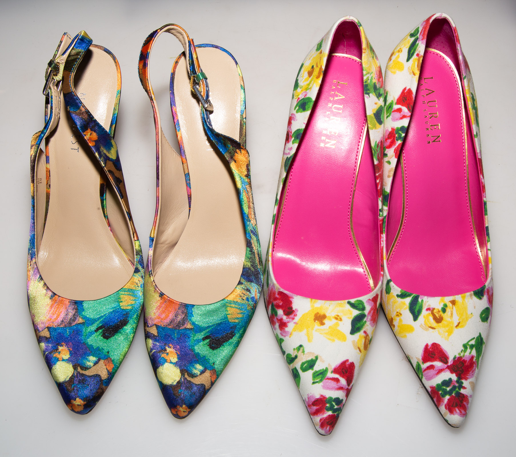 TWO PAIRS FLORAL PRINT HEELS including