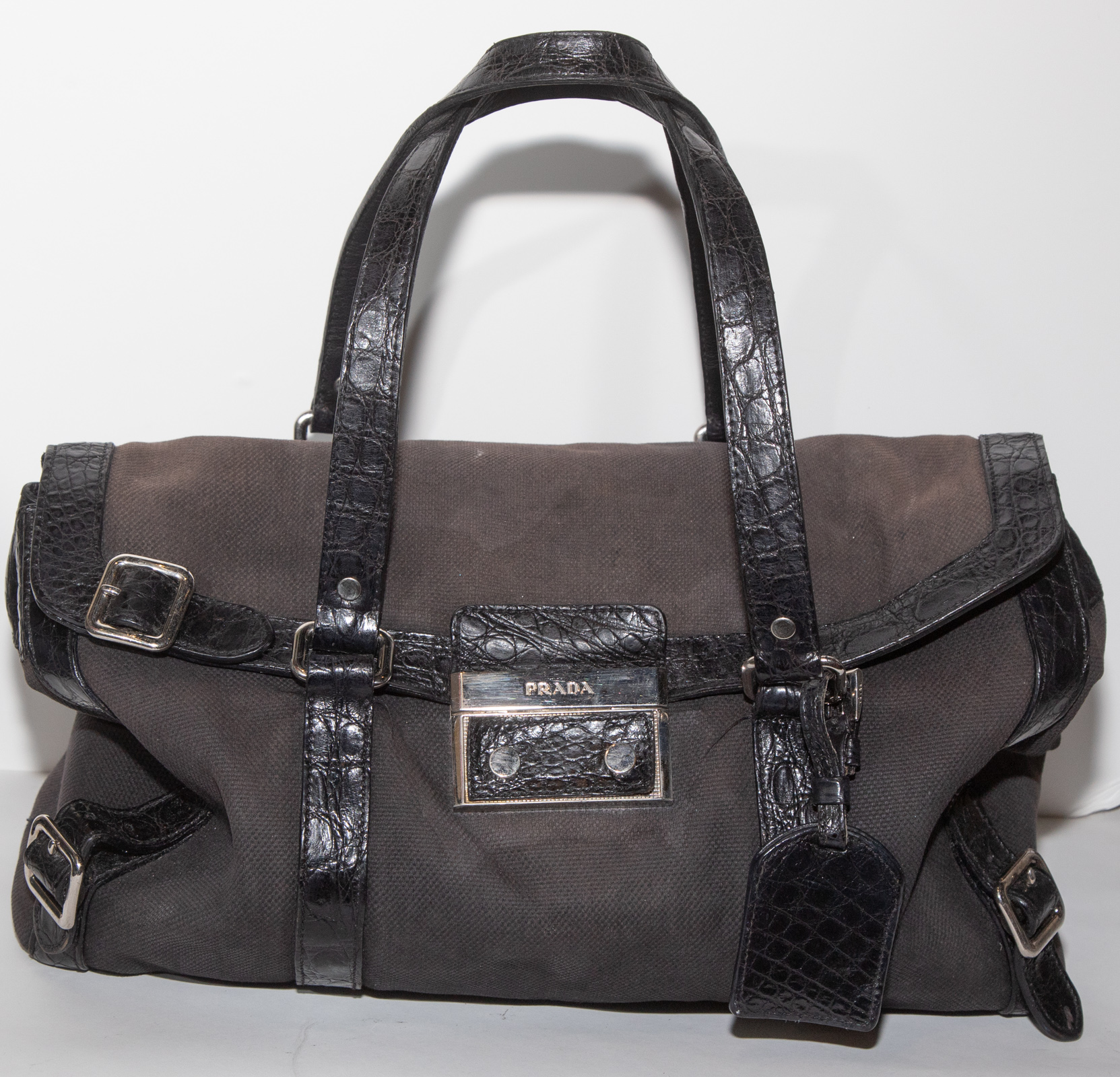 PRADA BLACK CANVAS HANDBAG 9 1/2