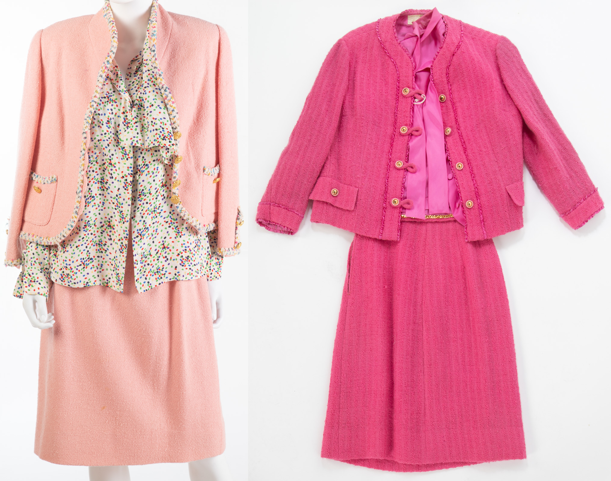 TWO PINK WOOL BOUCLE SUITS .