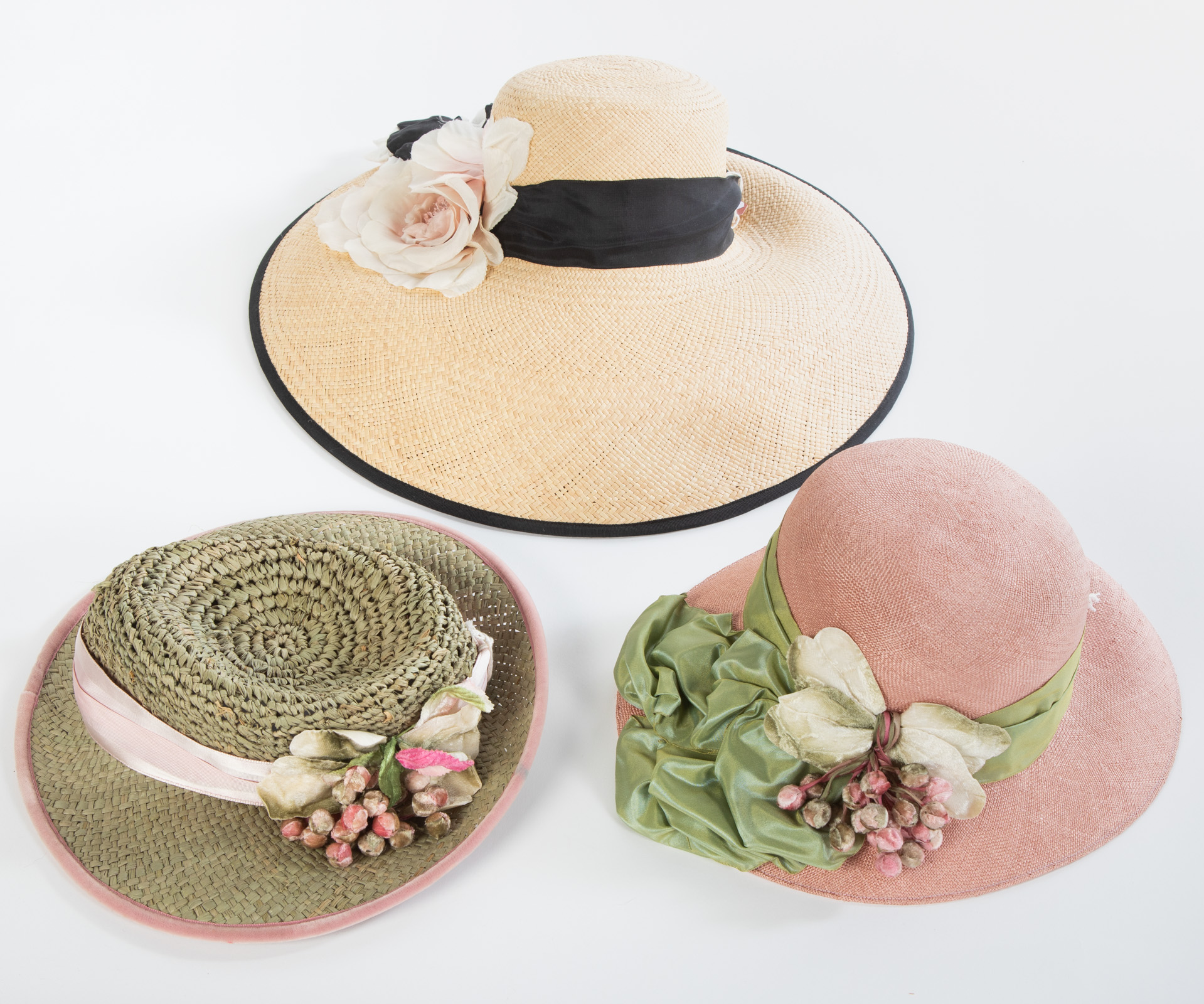 THREE LOUISE GREEN HATS One tan straw