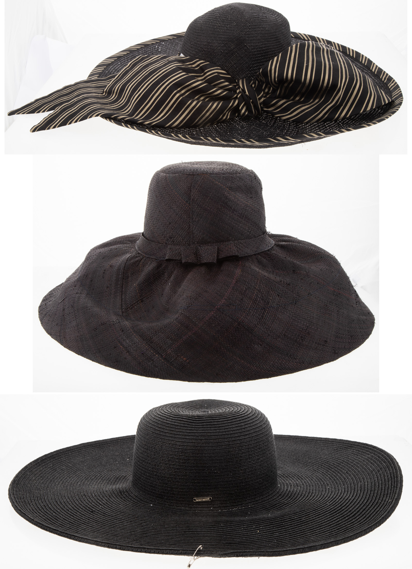 THREE LARGE STRAW WOVEN BLACK SUN HATS