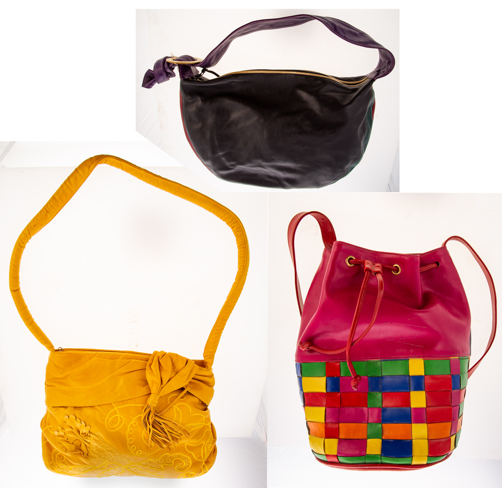 THREE COLORFUL LEATHER HANDBAGS 337181