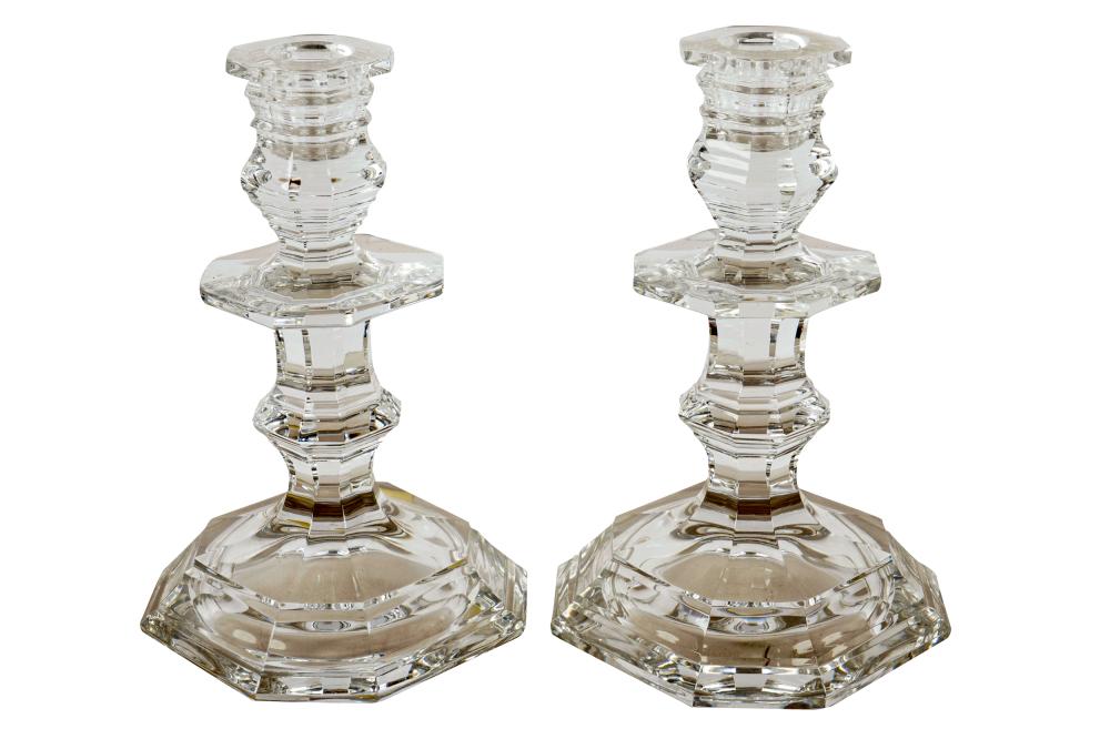 PAIR OF BACCARAT MOLDED GLASS CANDLESTICKSeach