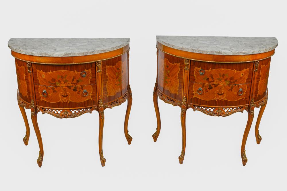 PAIR LOUIS XV STYLE MARQUETRY NIGHTSTANDSeach