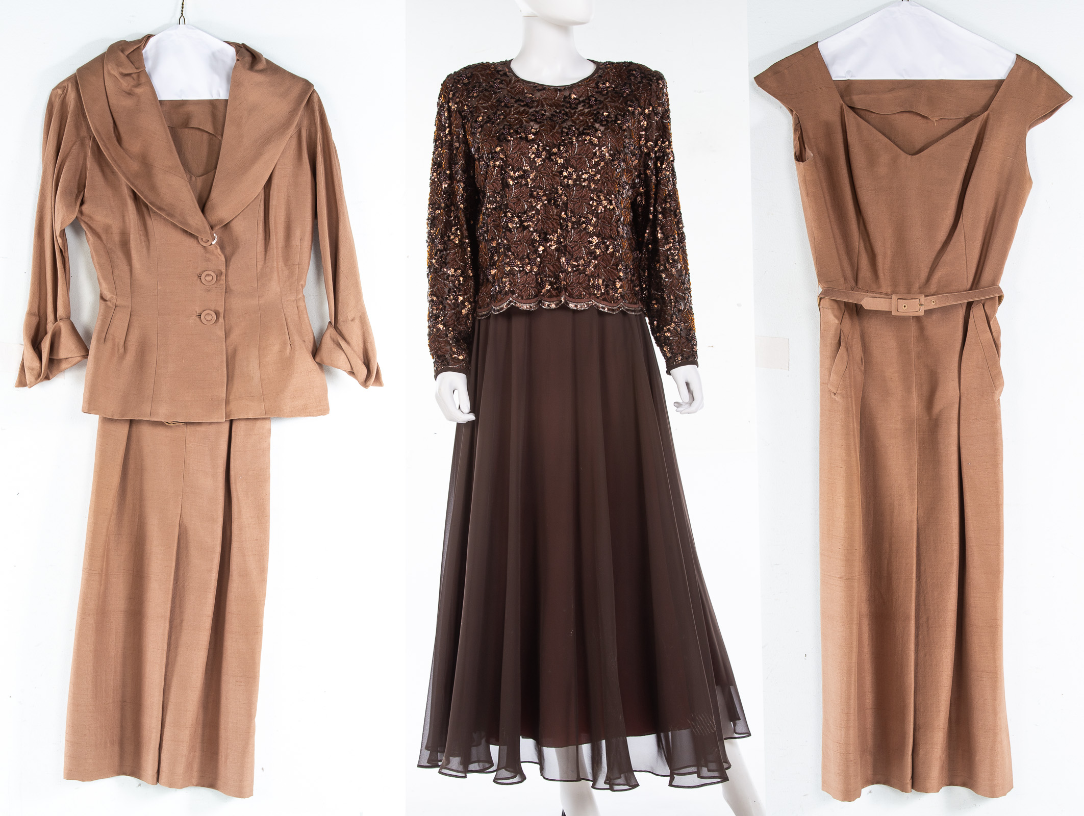TWO BROWN DRESSES Heavily beaded