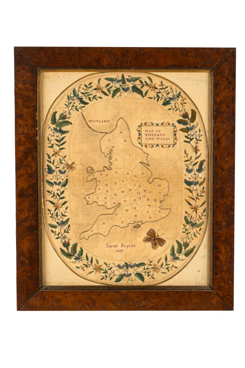 FRAMED EMBROIDERY MAP OF ENGLANDsigned