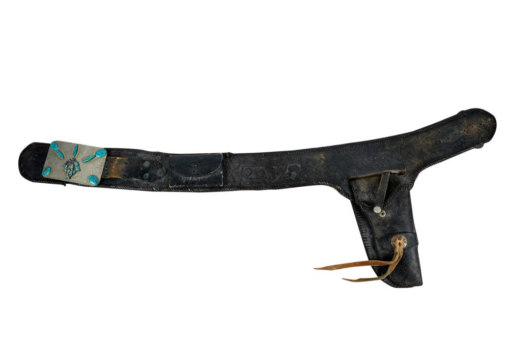 LEATHER BELT WITH TURQUOISE-INSET BUCKLECondition: