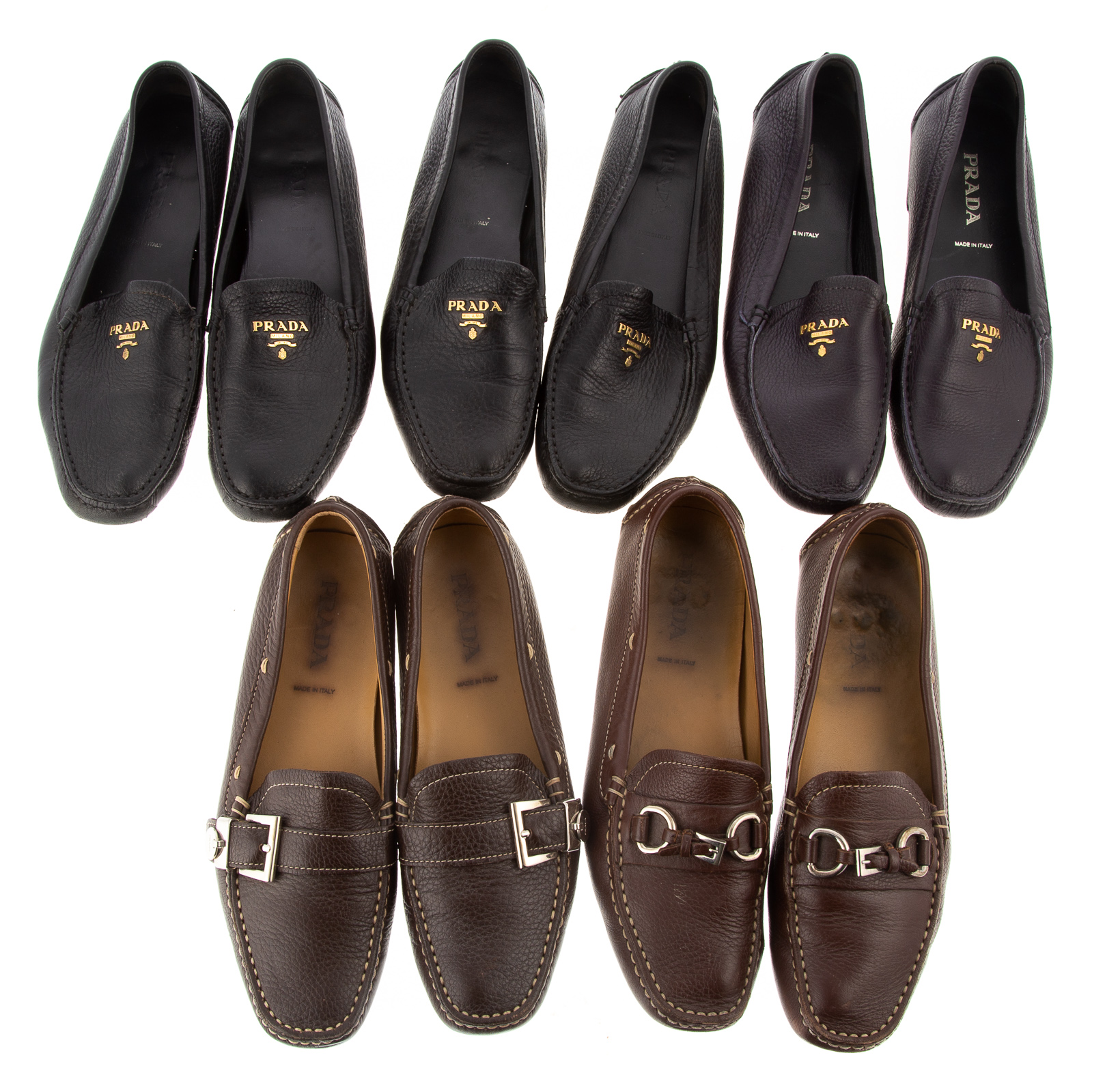 FIVE PAIRS PRADA LEATHER LOAFERS