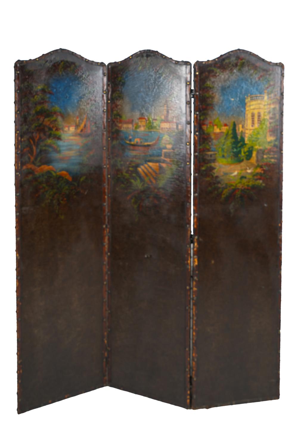 THREE PANEL PAINTED LEATHER SCREENCondition  3373a9
