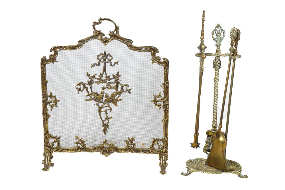 FRENCH BRASS FIRE SCREEN WITH TOOLSgilt 3373ee