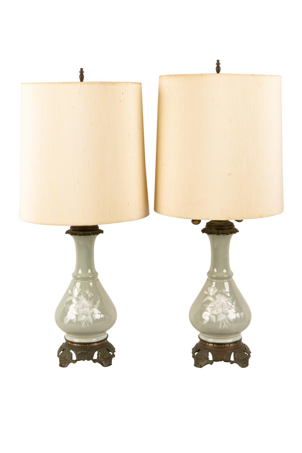 PAIR OF CELADON GLAZED TABLE LAMPSeach 3374c1