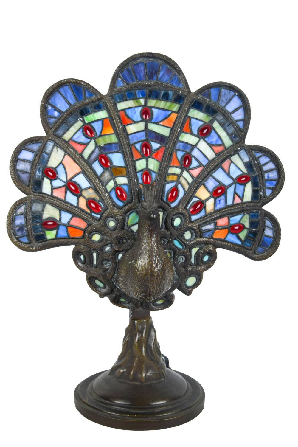 METAL PEACOCK FORM & LEADED GLASS