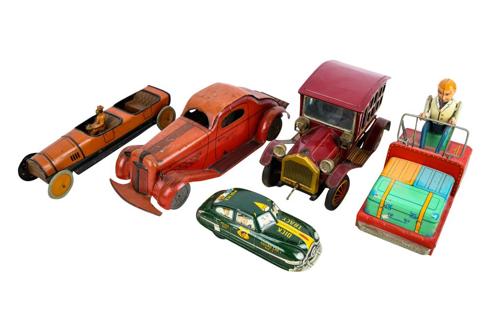 FIVE TOY TIN CARSincluding a tank bank,