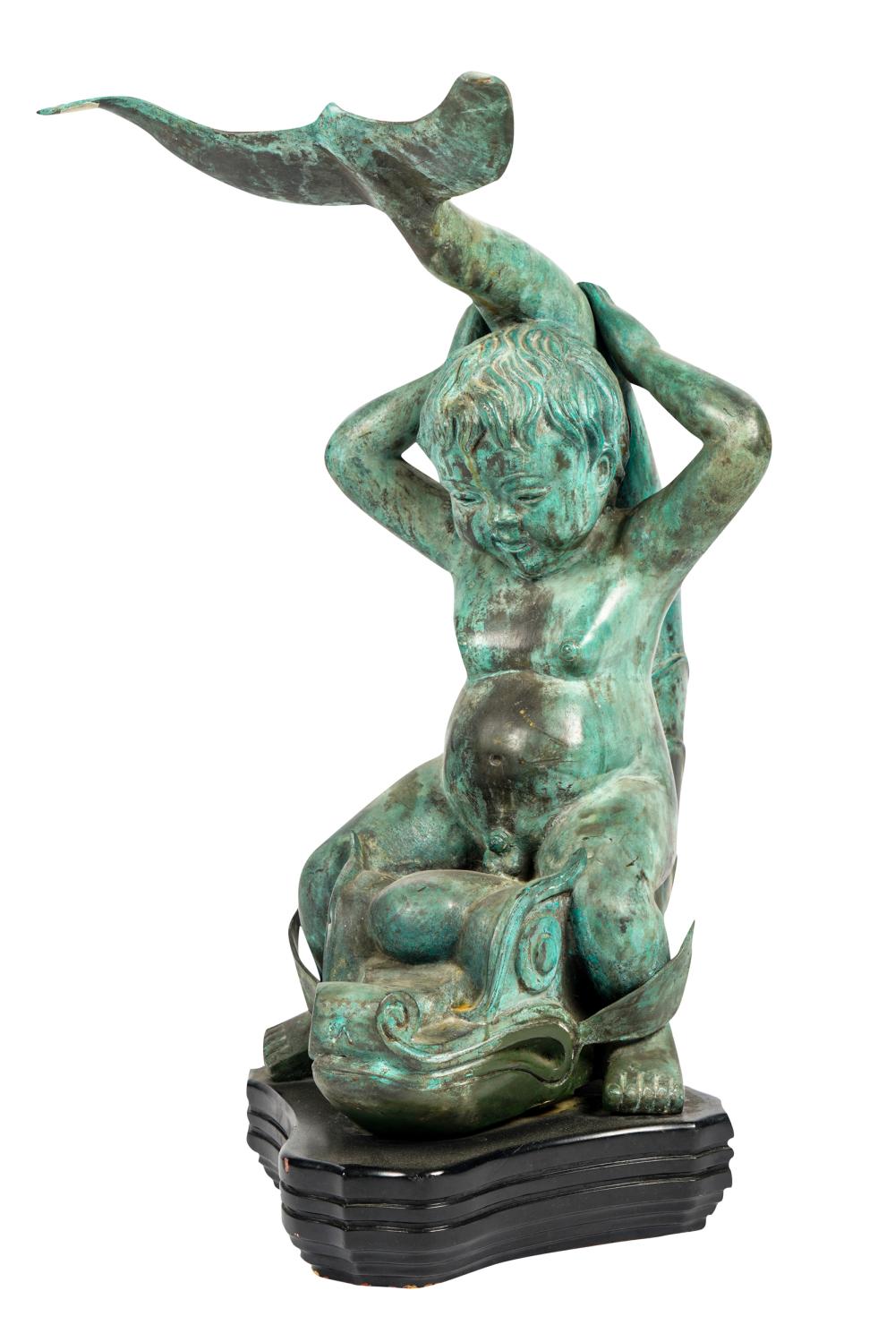 BRONZE FIGURE OF A BOY & DOLPHINmounted