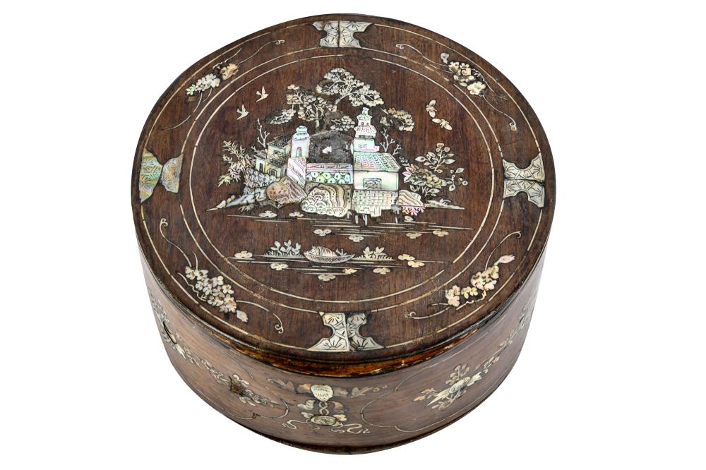 MOTHER-OF-PEARL-INLAID WOODEN BOXround,