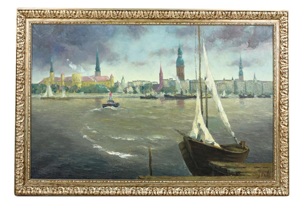 20TH CENTURY EUROPEAN HARBOR SCENEoil 337641