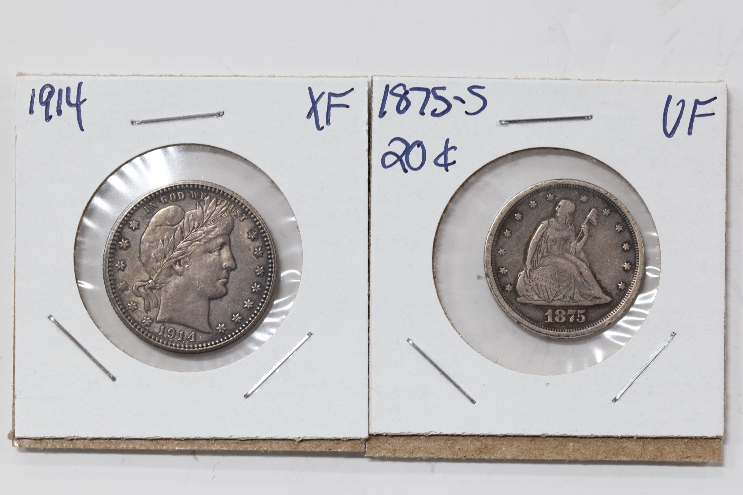 TWO NICE TYPE COINS: 75-S 20CENT