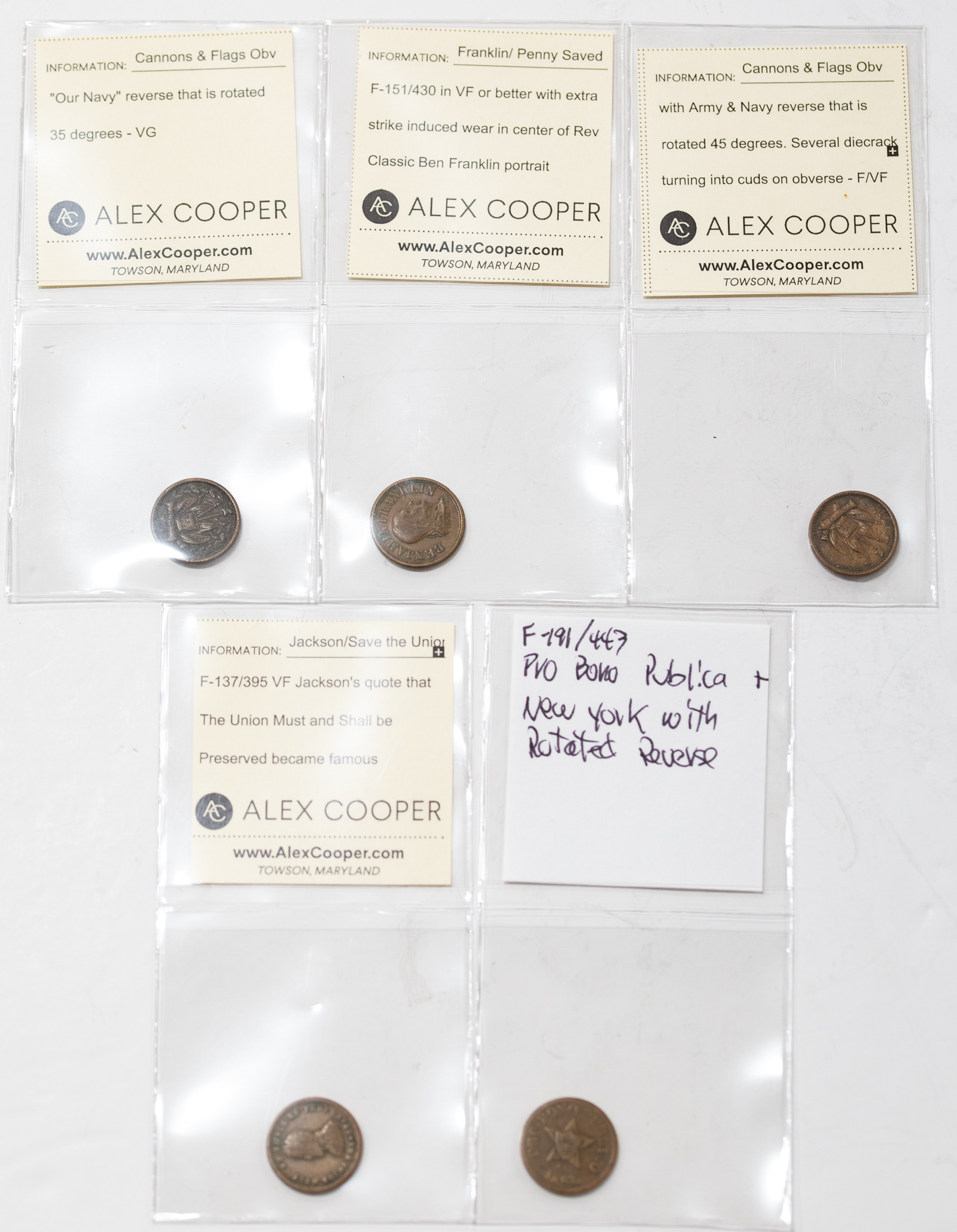 FIVE CIVIL WAR TOKENS 1 Ben Franklin Penny 33767c