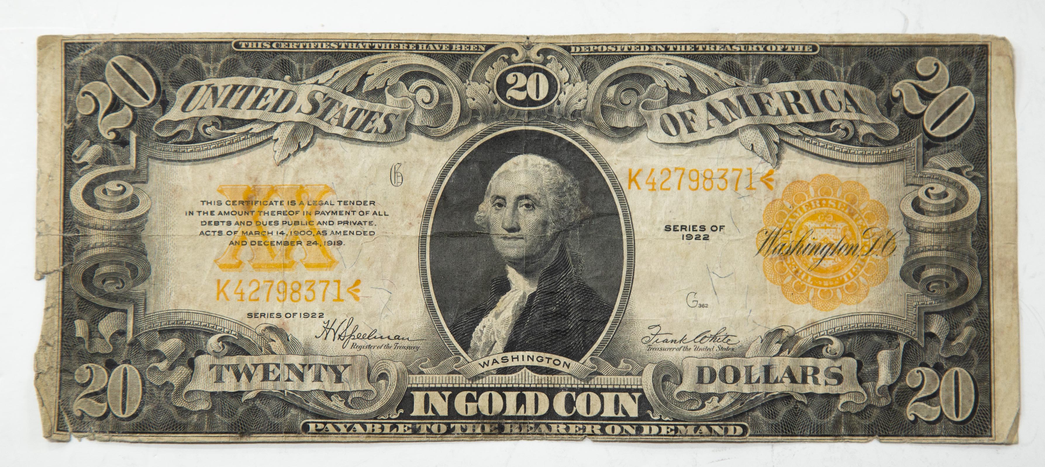 1922 $20 GOLD CERTIFICATE VG with