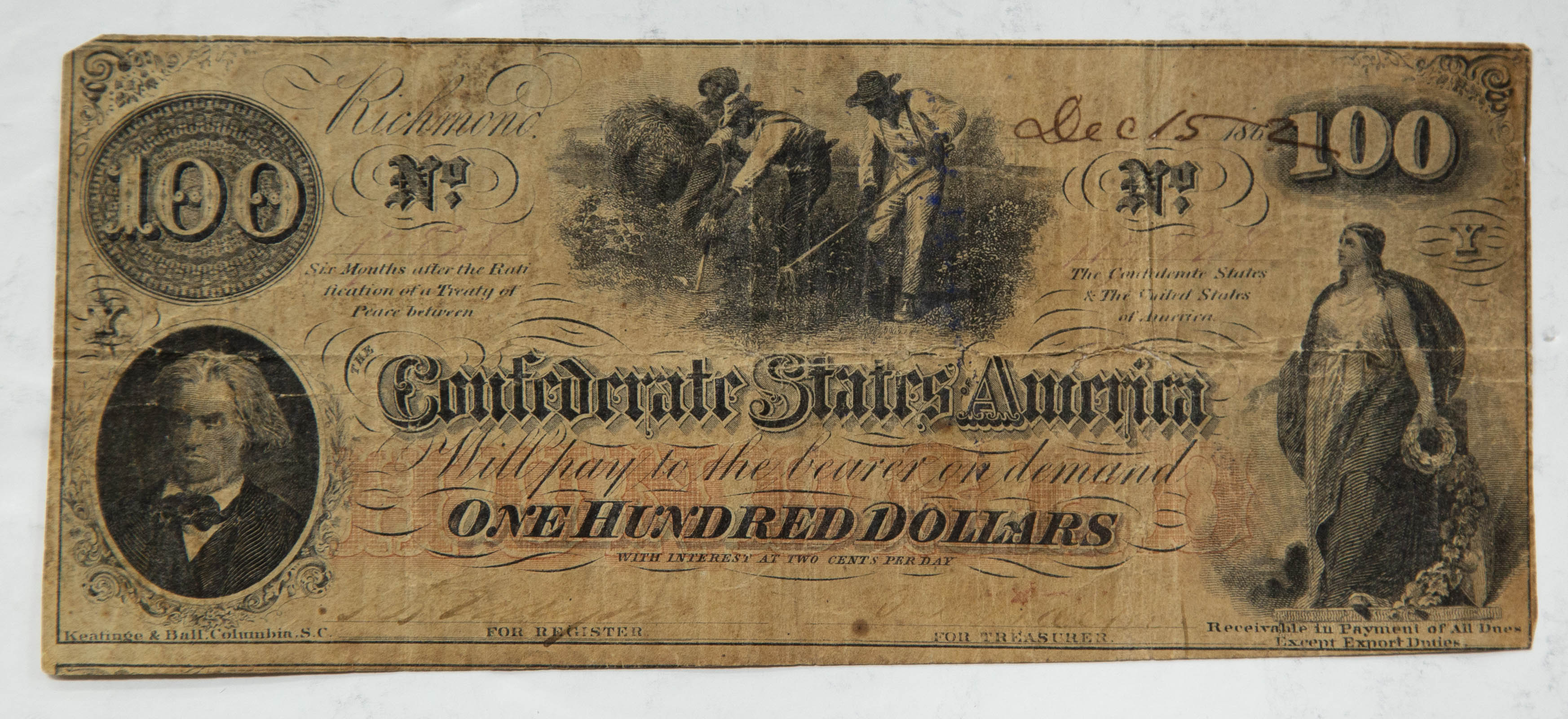 CONFEDERATE 100 BILL 12 15 1862 3376ac