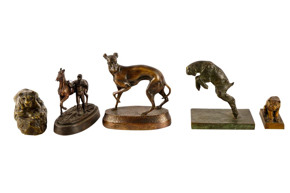 FIVE PATINATED BRONZE ANIMALIER FIGUREScomprising