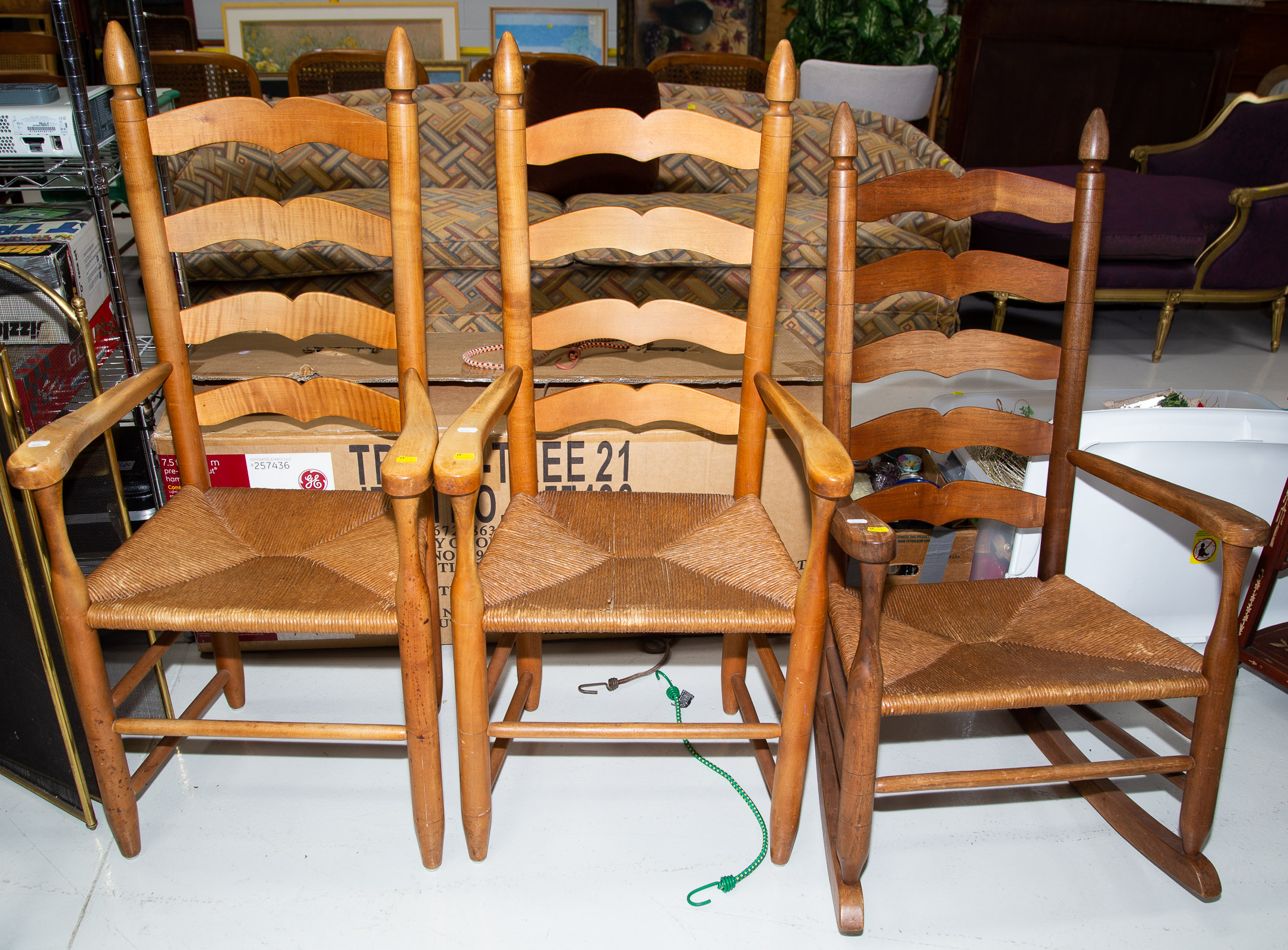 THREE SHAKER STYLE RUSH SEAT CHAIRS