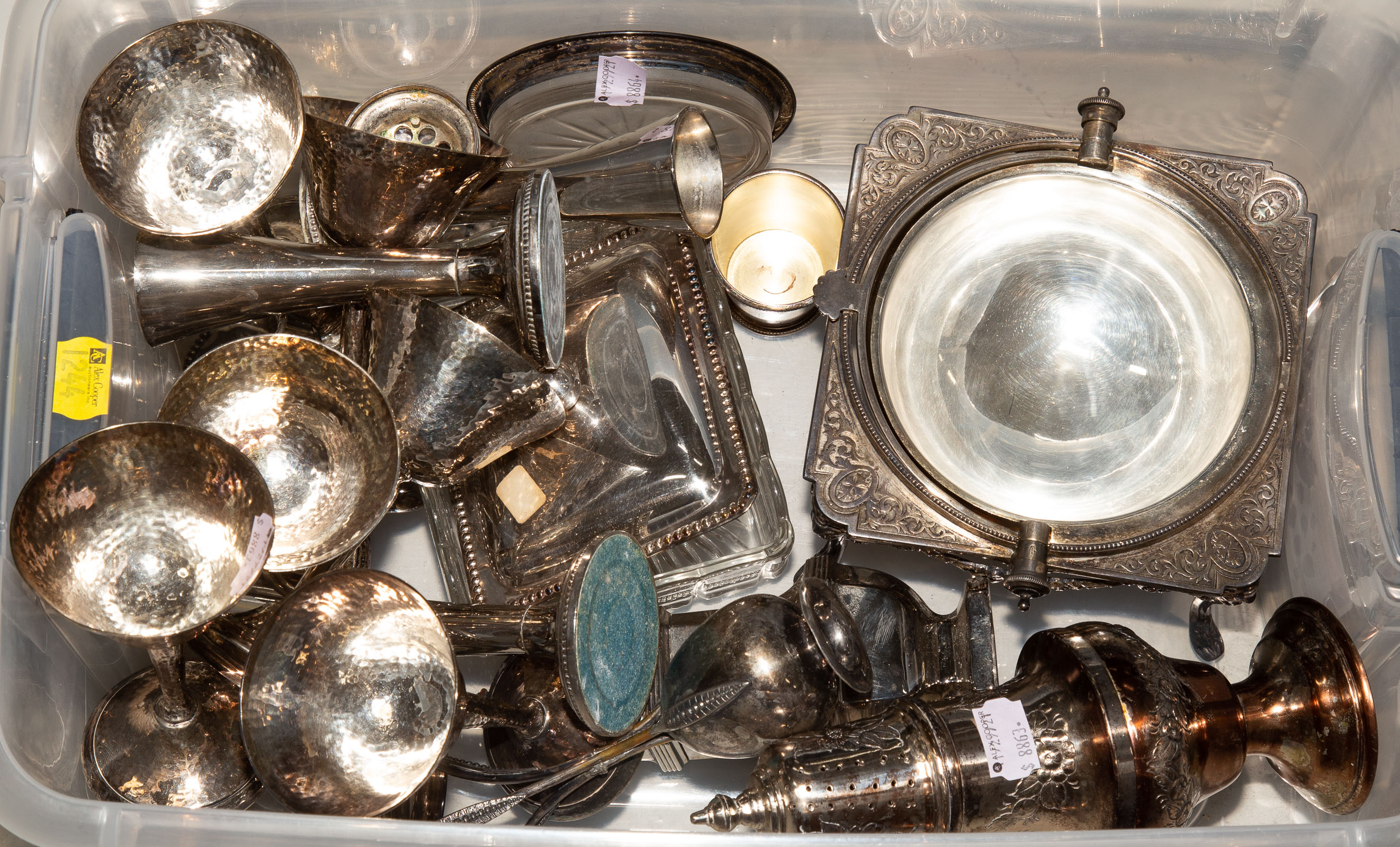 SMALL TUB OF SILVER PLATED ITEMS