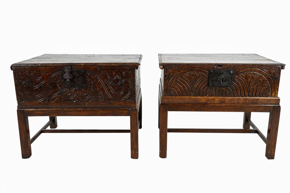 TWO JACOBEAN CARVED OAK TRUNKSwith