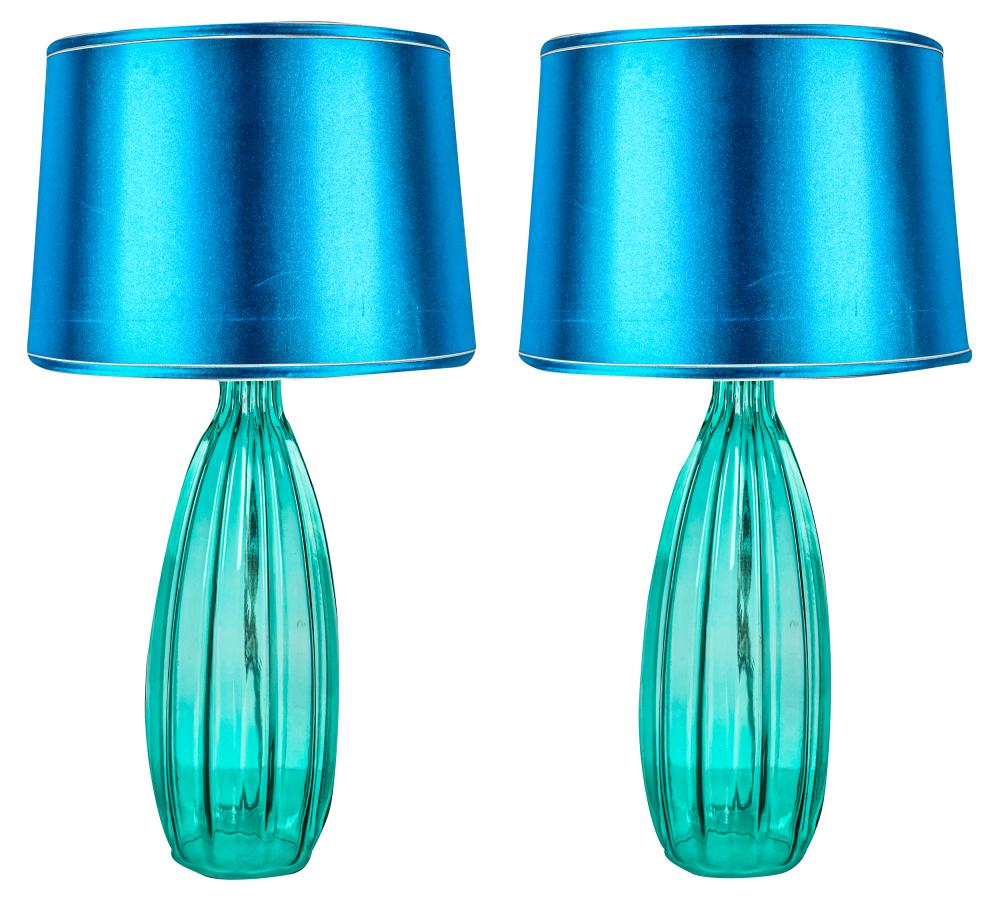 PAIR OF BLUE GLASS TABLE LAMPSwith