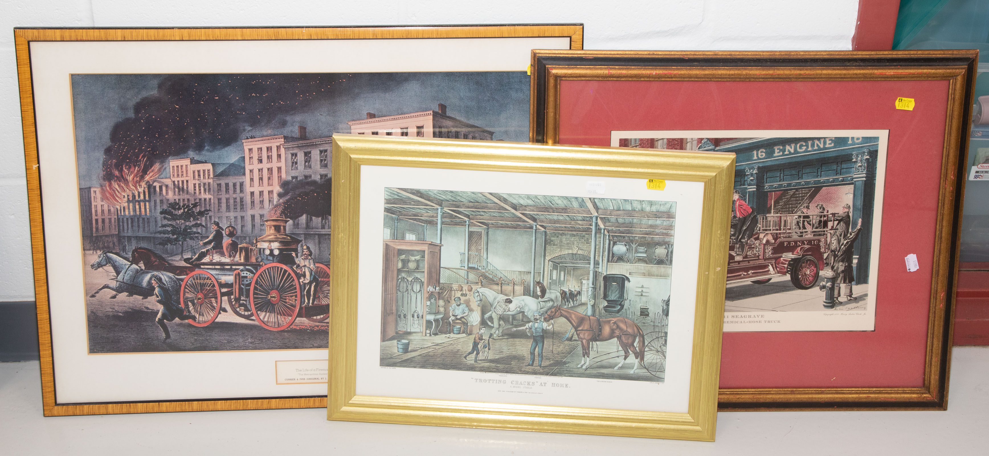 THREE FRAMED FIRE & HORSE STABLE PRINTS