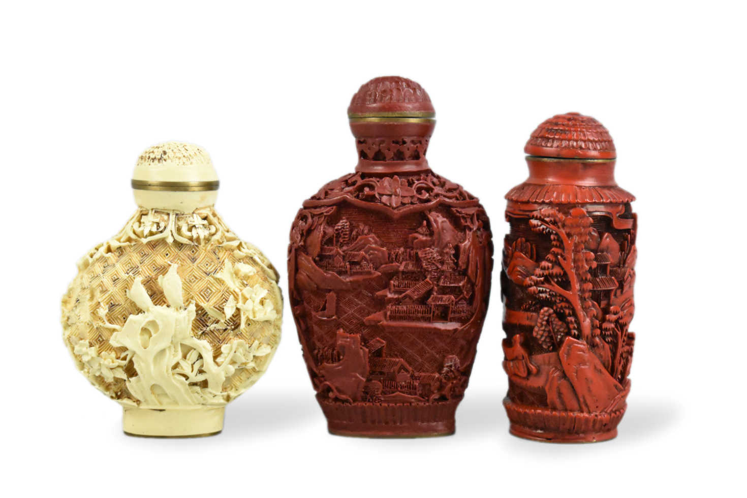 3 CHINESE CARVED CINNABAR SNUFF