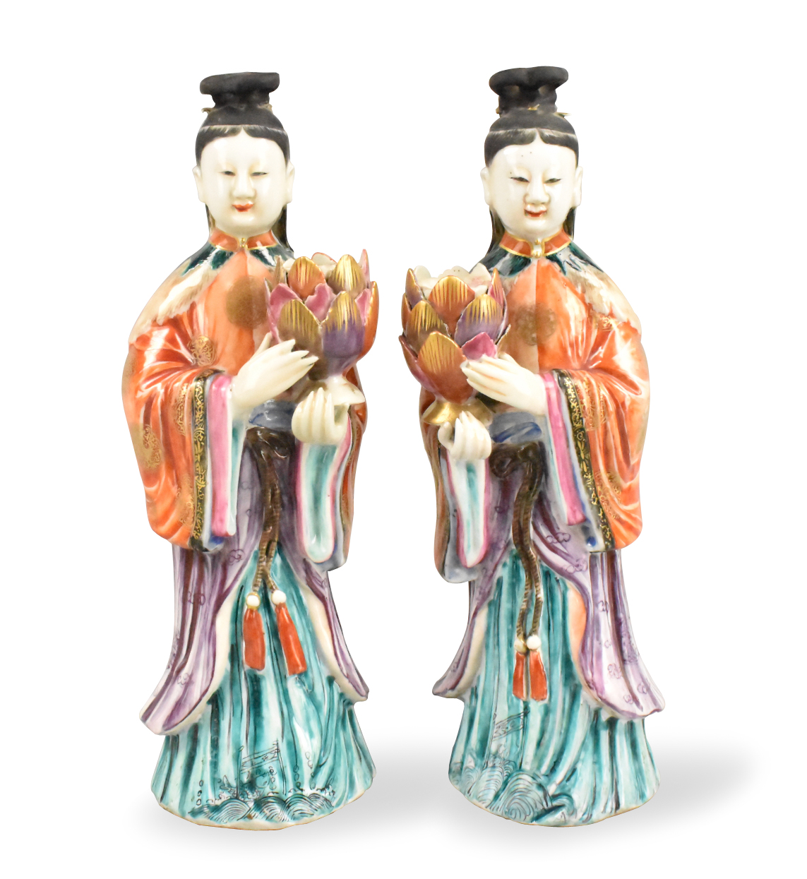 PAIR CHINESE LADY W LOTUS CANDLEHOLDERS QIANLONG 33a2f3