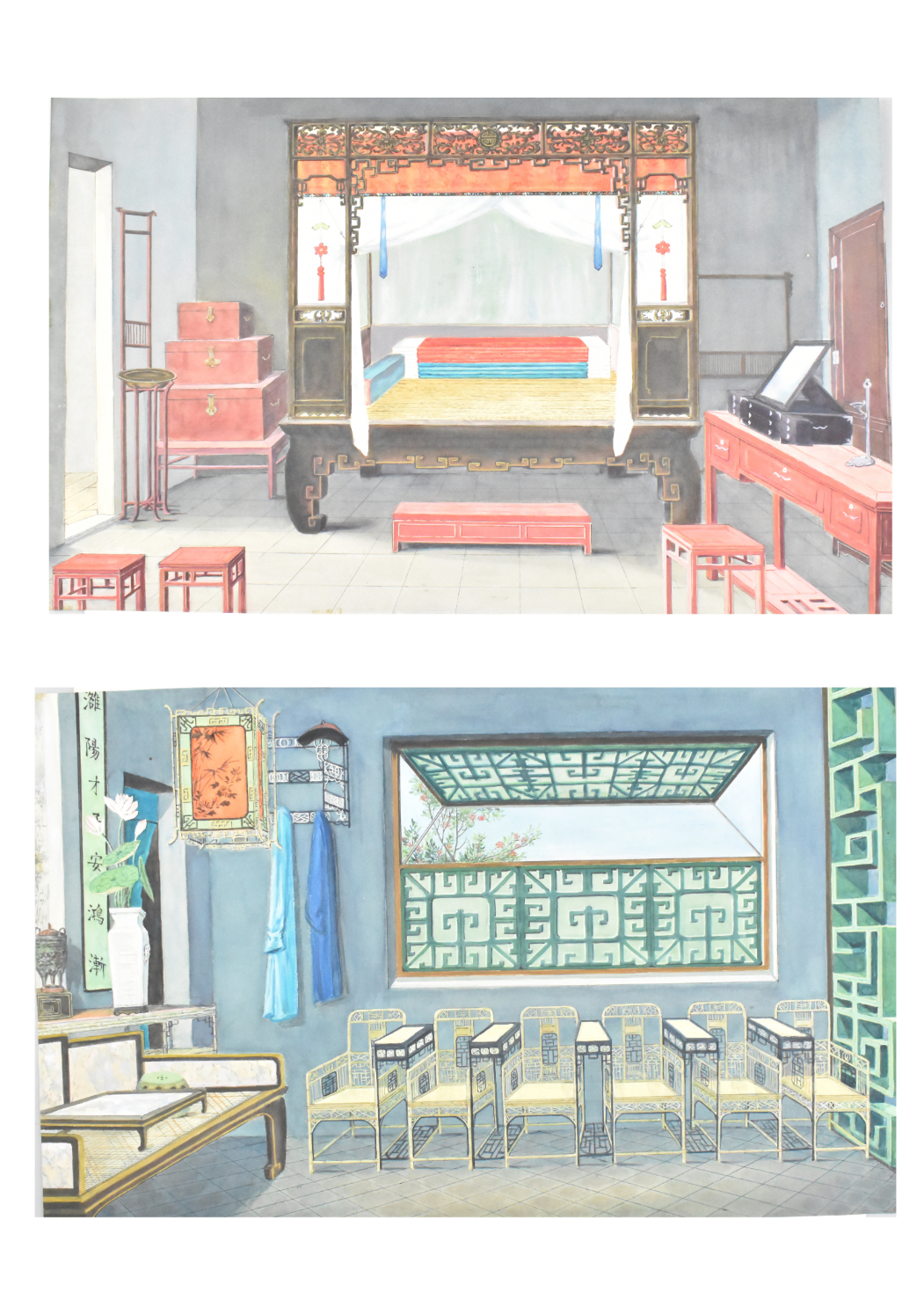 2 CHINESE CANTON PAINTING OF ROOMS,