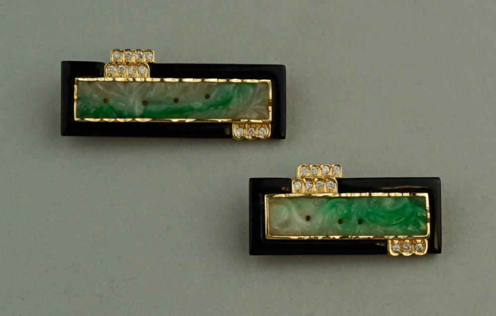 PAIR OF JADE, ONYX, YELLOW GOLD