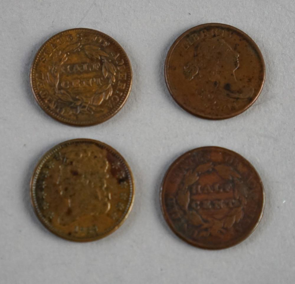FOUR U.S. HALF CENT COINS, 19TH