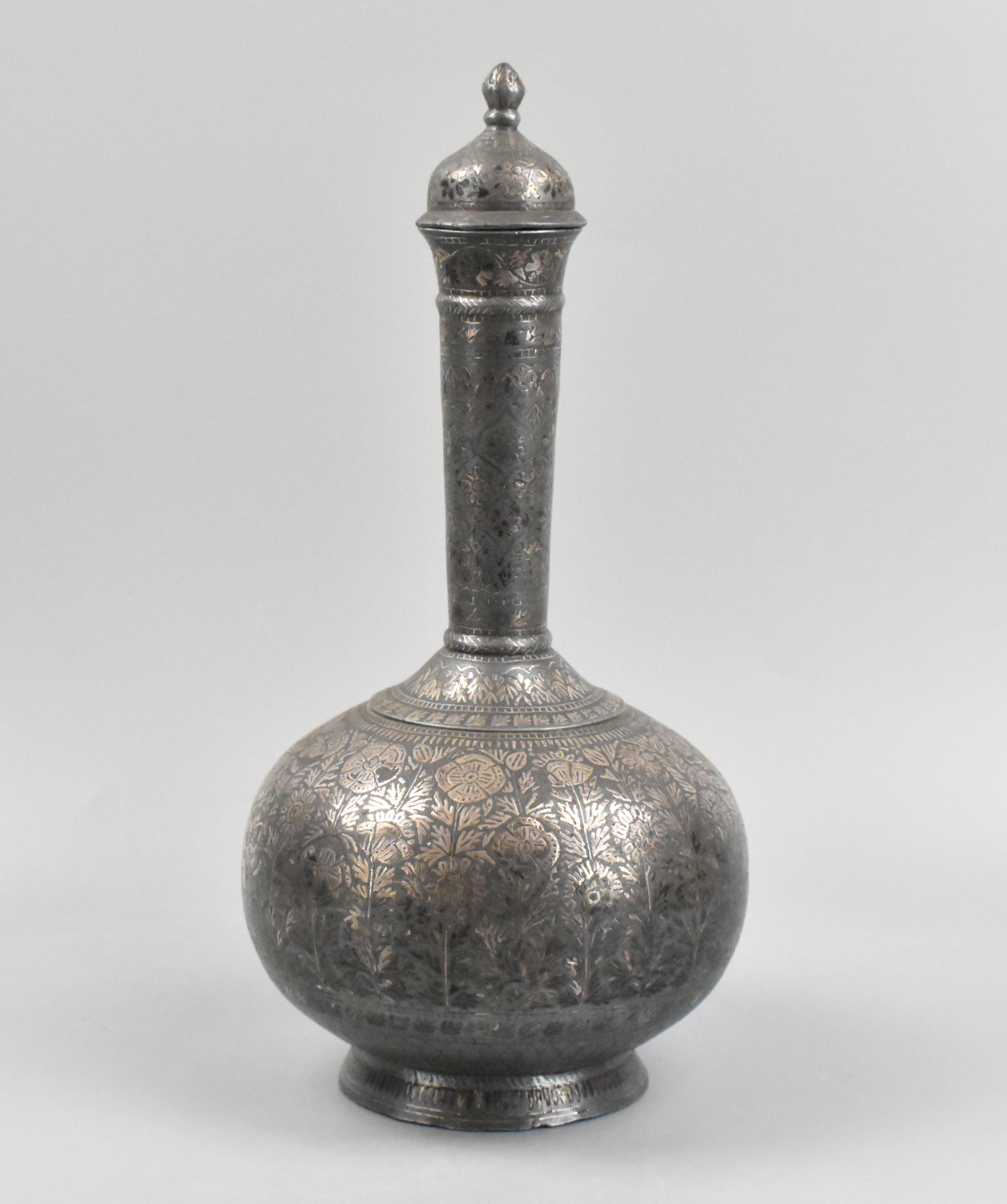 INDIAN BRONZE VASE W SILVER INLAY 33a53c