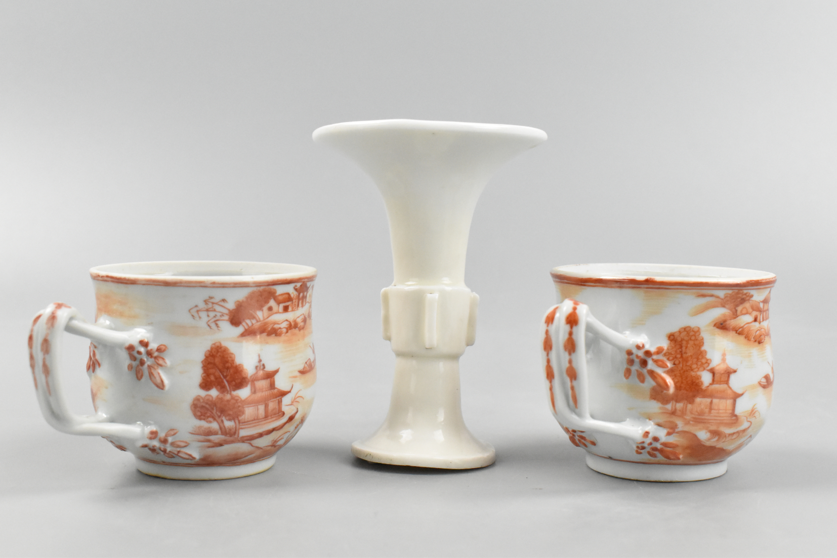 2 CHINESE IRON RED CUP & DEHUA GU VASE