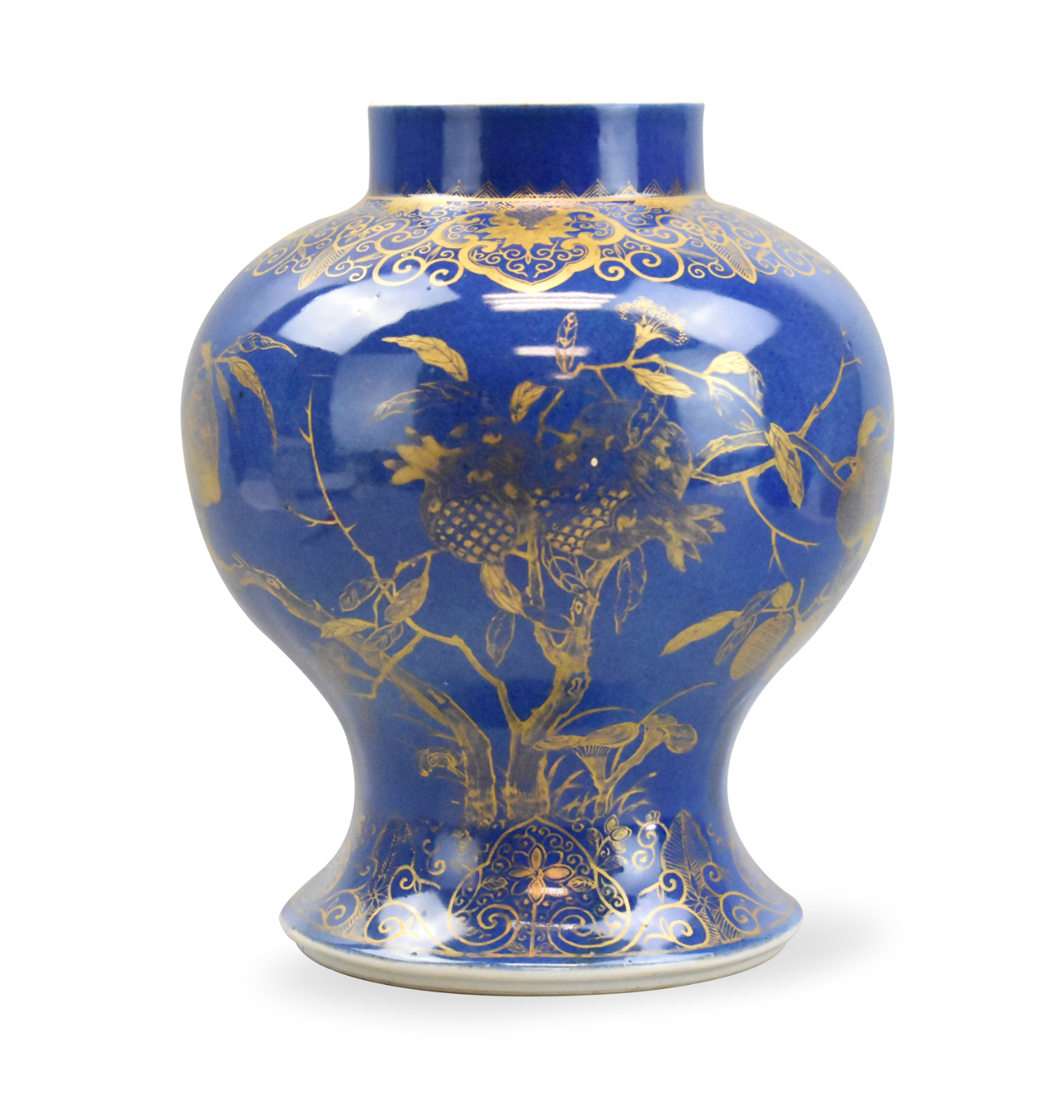 CHINESE GILT BLUE JAR W/ PEACH & GUAVA