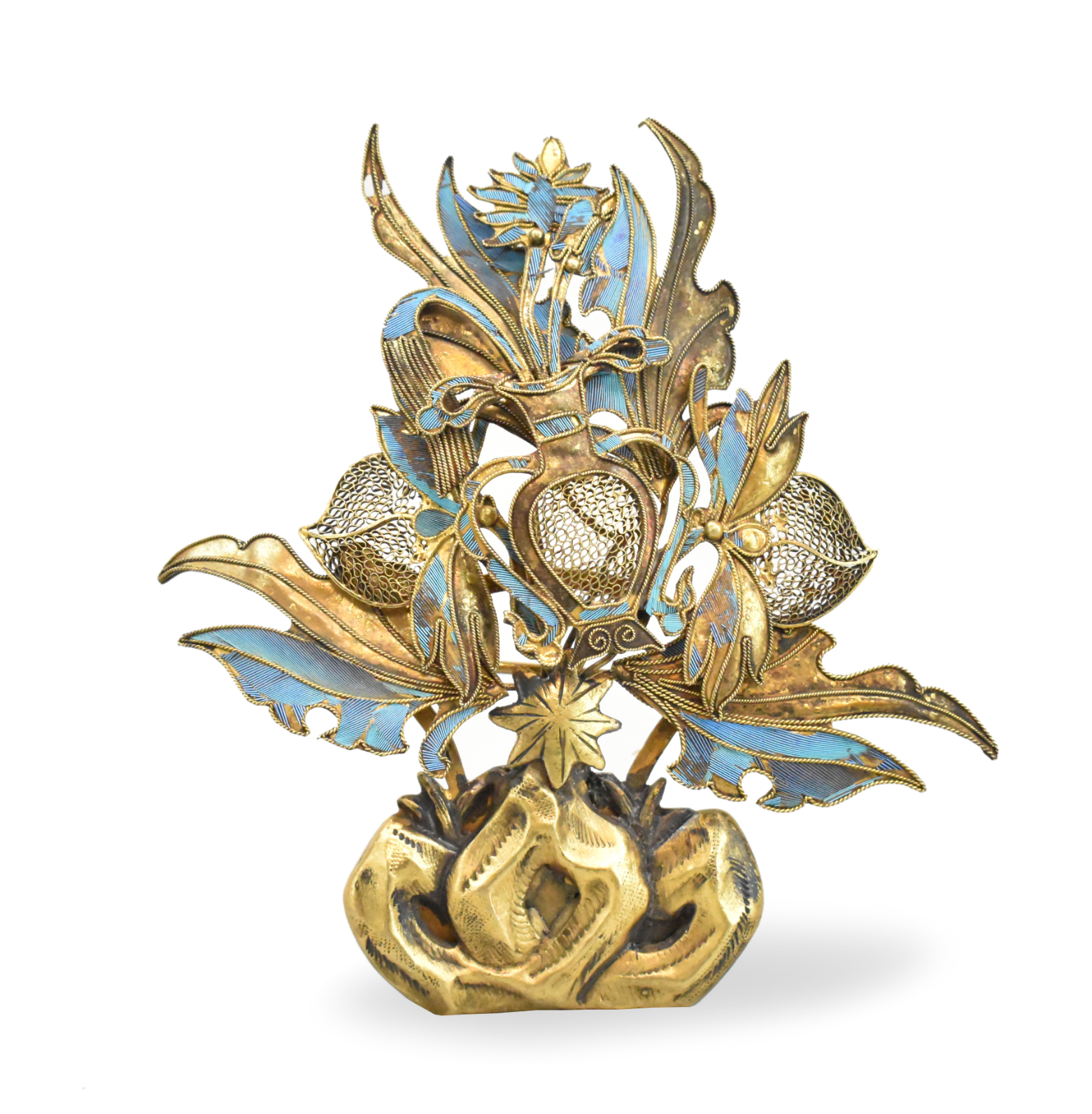 CHINESE GILT BRONZE BROOCH W/ KINGFISHERS,QING