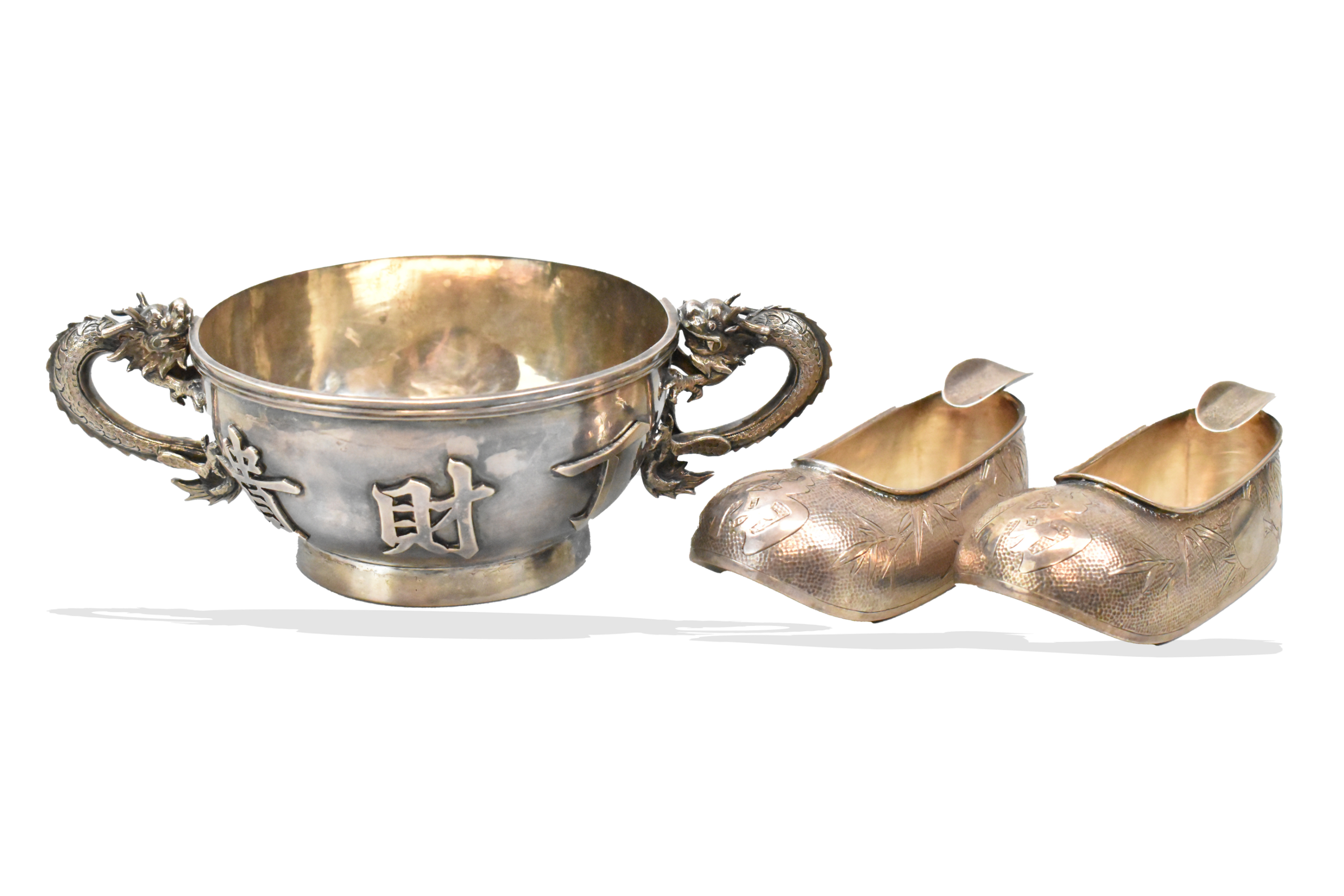 CHINESE SILVER STEM CUP & PAIR