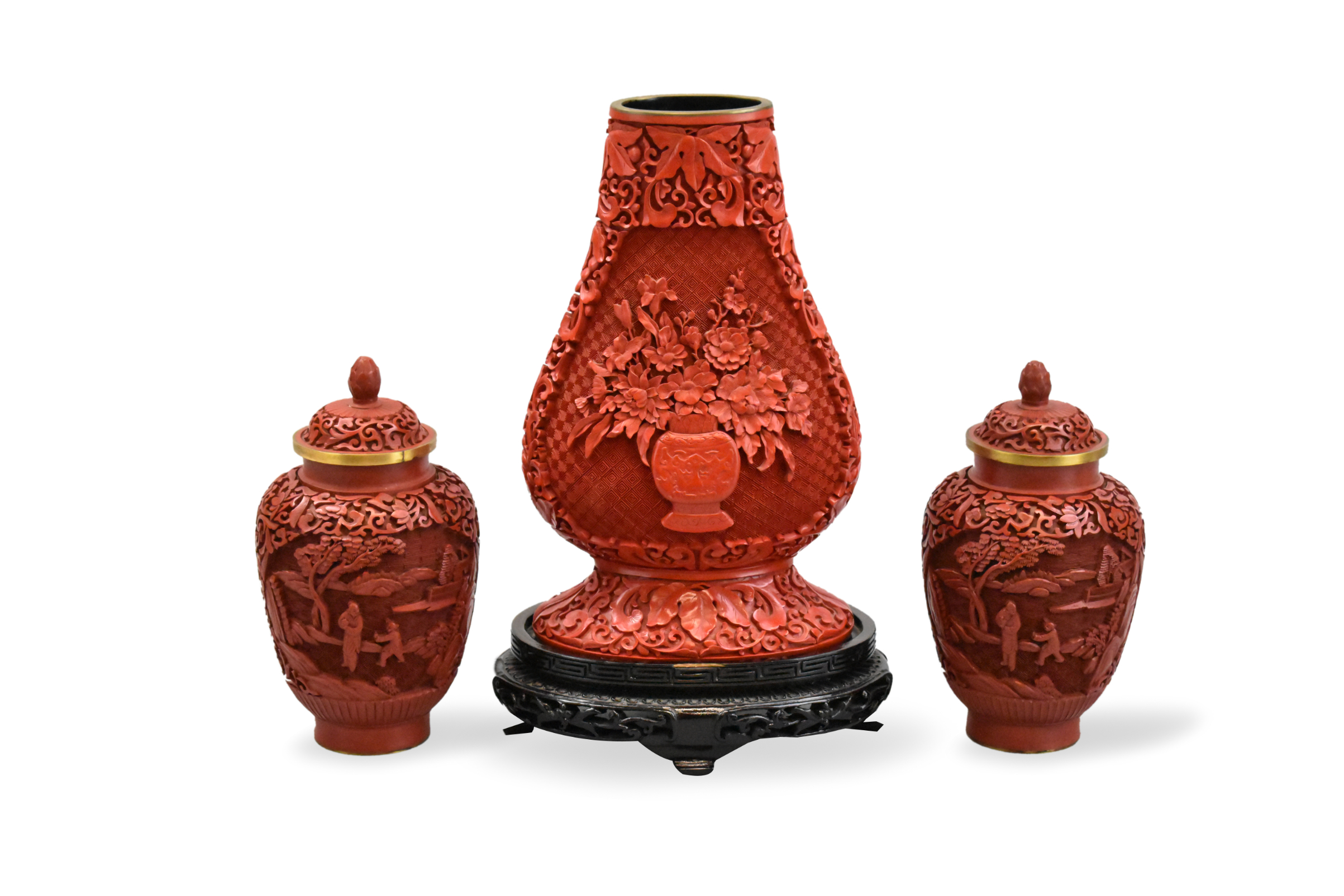 GROUP 3 CHINESE CARVED CINNABAR 33a7fb