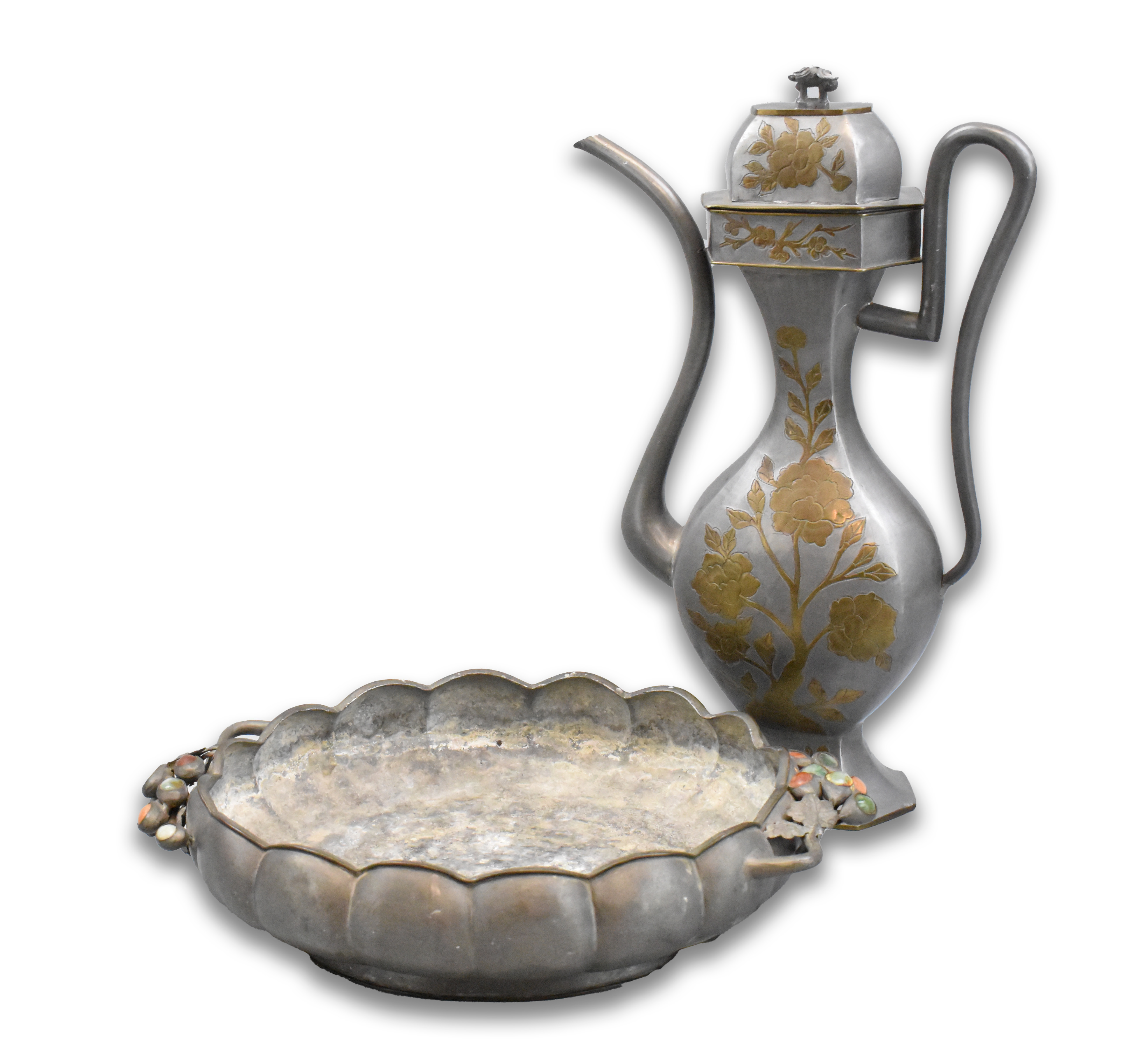 CHINESE PEWTER WINE POT & TRAY,