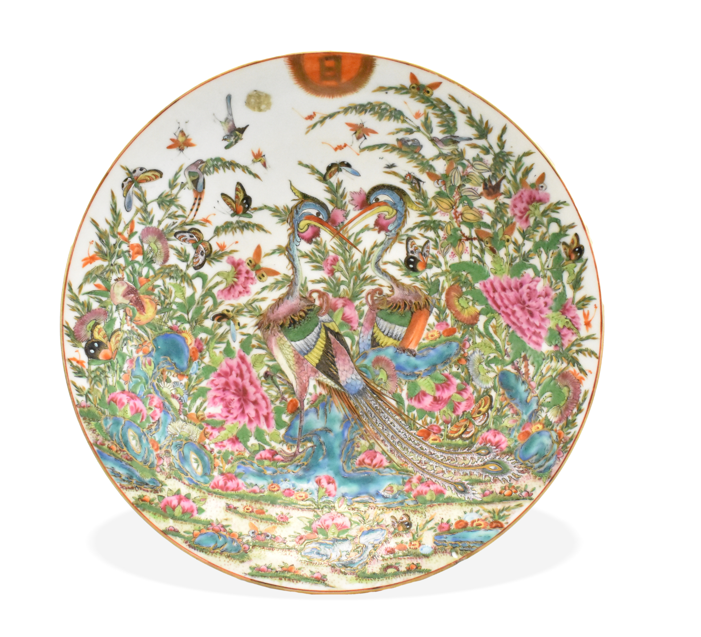 CHINESE CANTON GLAZED CHARGER W/PHOENIX&SUN,19TH