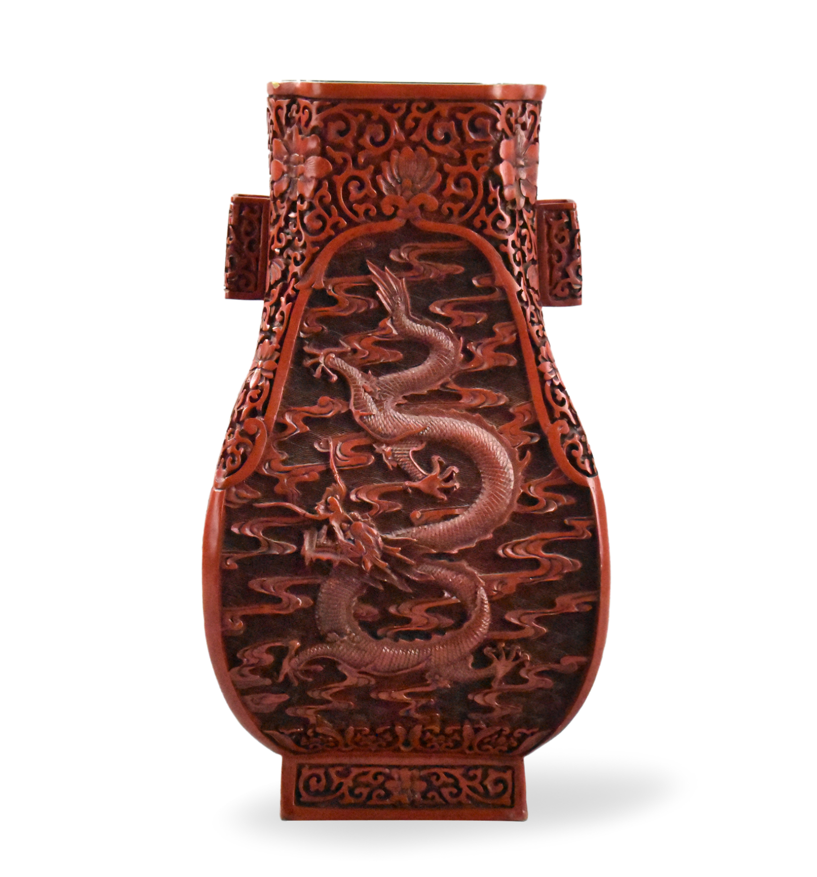 CHINESE CINNABAR CARVED VASE W DRAGON 20TH 33a868