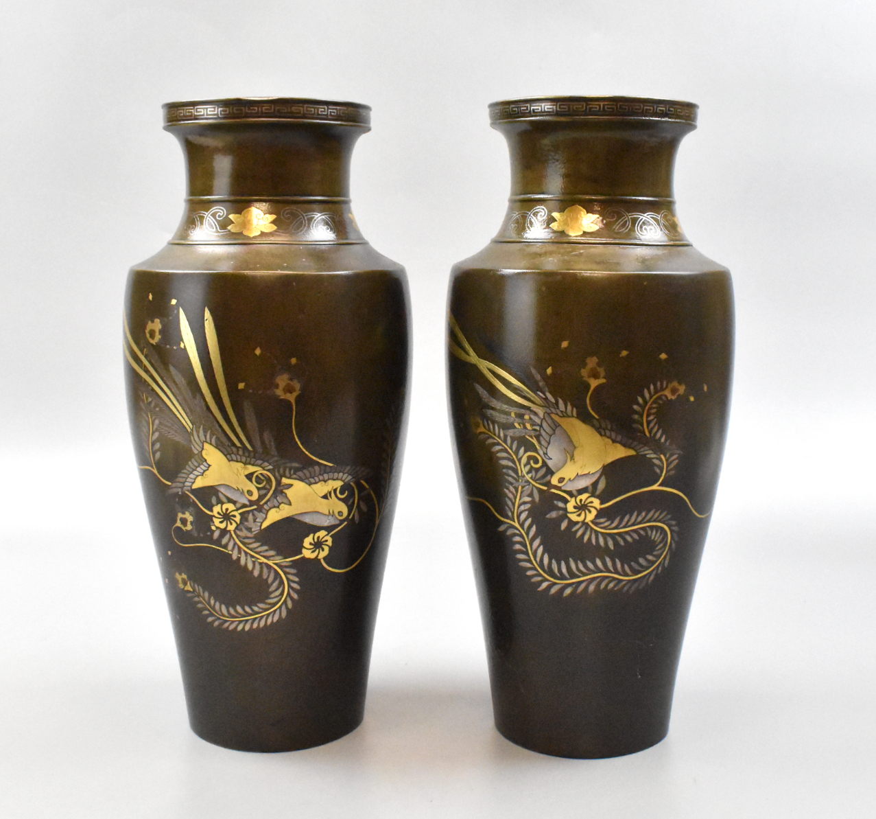 PAIR JAPANESE MIXED METAL VASE W/ PHOENIX,