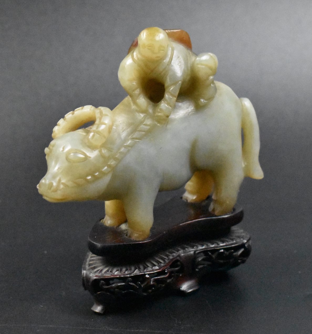 CHINESE JADE CARVED BOY ON BUFFALO 33a904